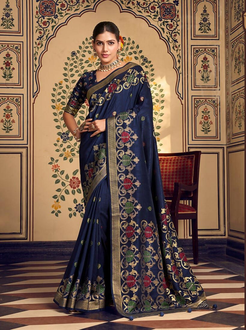 Monjolika Fashion Navy Blue Silk Blend Banarasi Zari Work Classic Saree