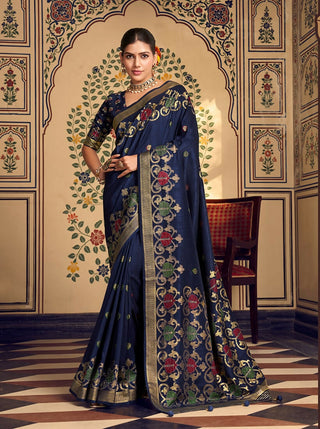 Monjolika Fashion Navy Blue Silk Blend Banarasi Zari Work Classic Saree
