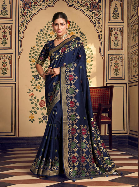 Monjolika Fashion Navy Blue Silk Blend Banarasi Zari Work Classic Saree