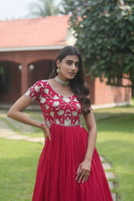 Thumbnail for Jyoti Fashion Women's Rani Pink Sequins Embroidered Faux Georgette Anarkali Dress - Distacart