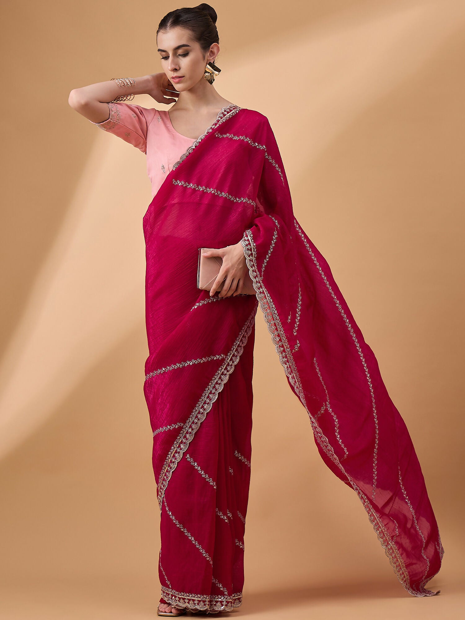 Pink Muslin Embroidered Saree with Unstitched Blouse Piece - Satya - Distacart