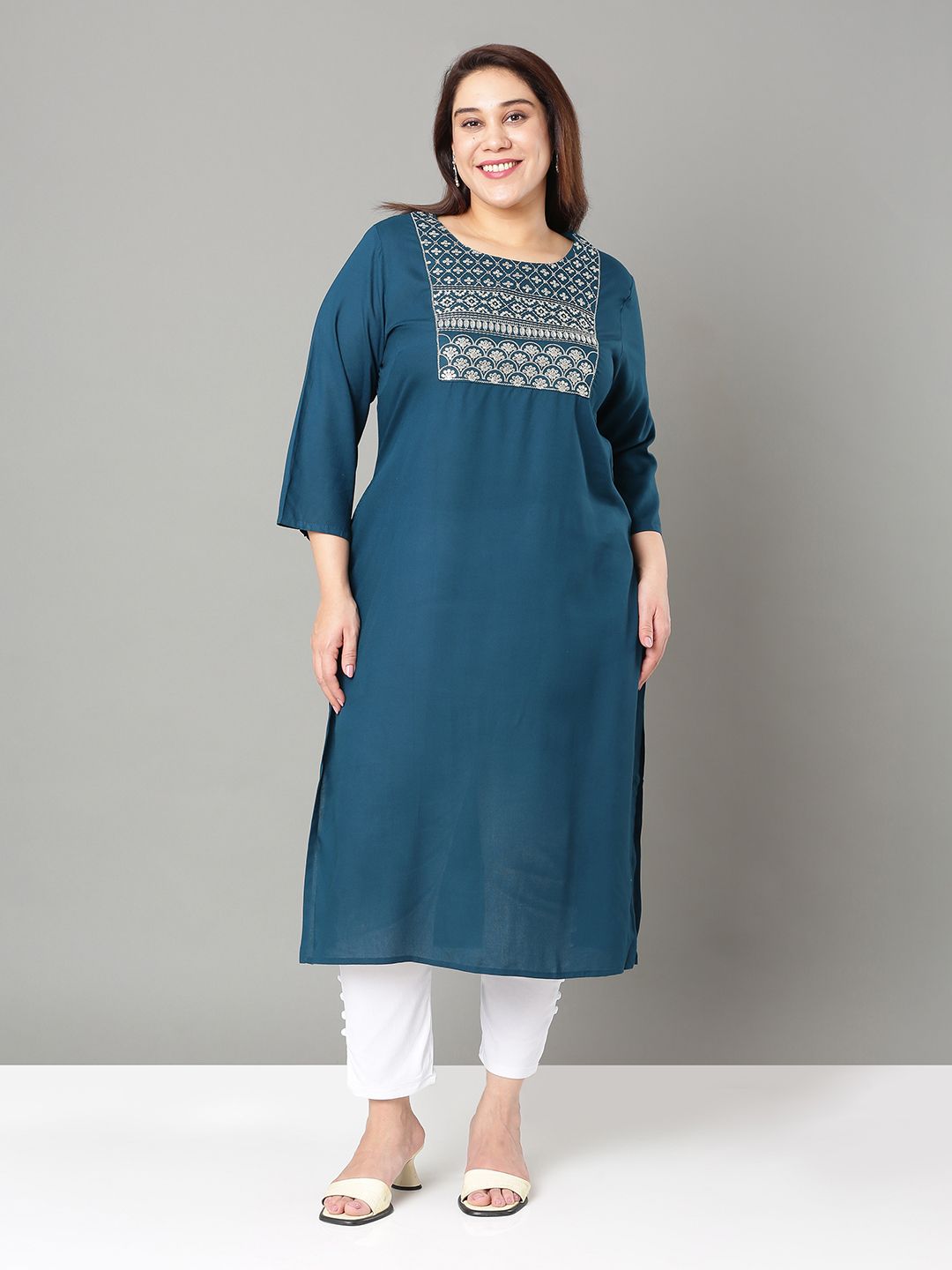 Sztori Plus Size Floral Yoke Design Thread Work Straight Kurta - Distacart