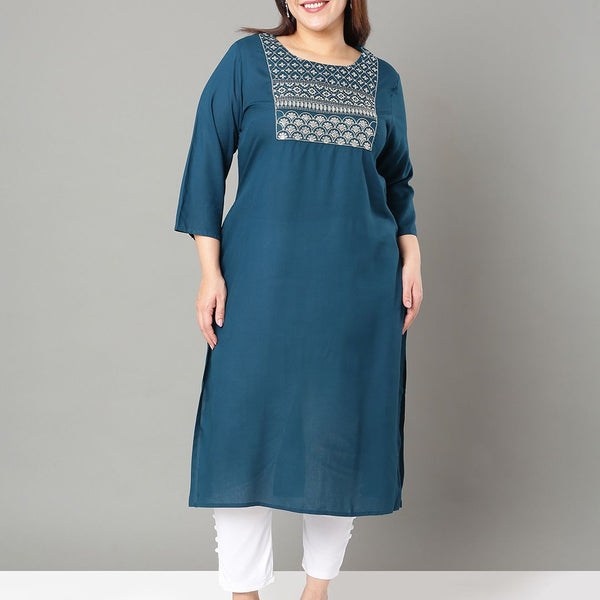 Sztori Plus Size Floral Yoke Design Thread Work Straight Kurta - Distacart