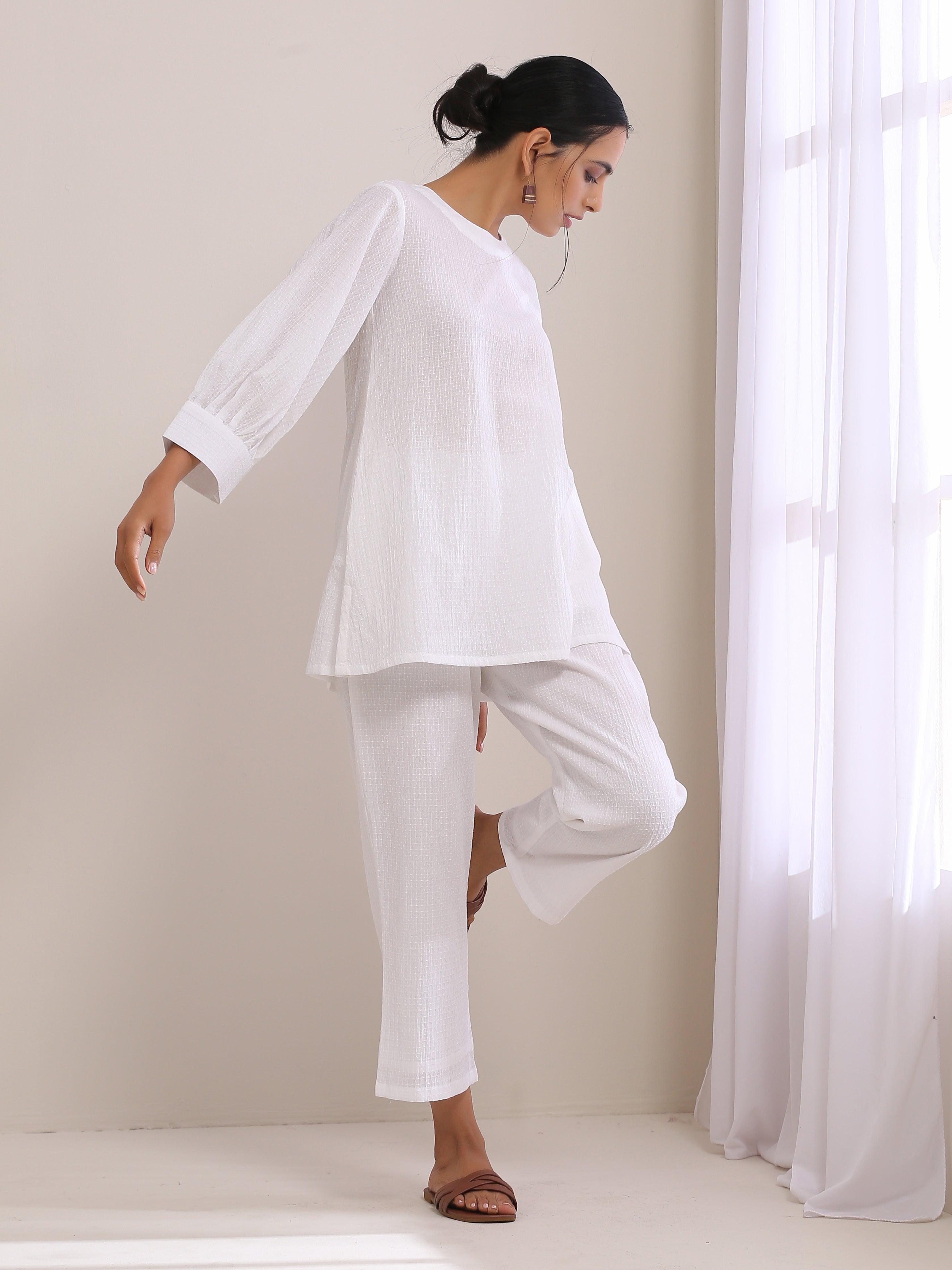 trueBrowns White Dobby Baggy Sleeve Co-Ord Set - Distacart