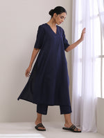 Thumbnail for trueBrowns Blue Slub High Slit Kurta Pant Set - Distacart