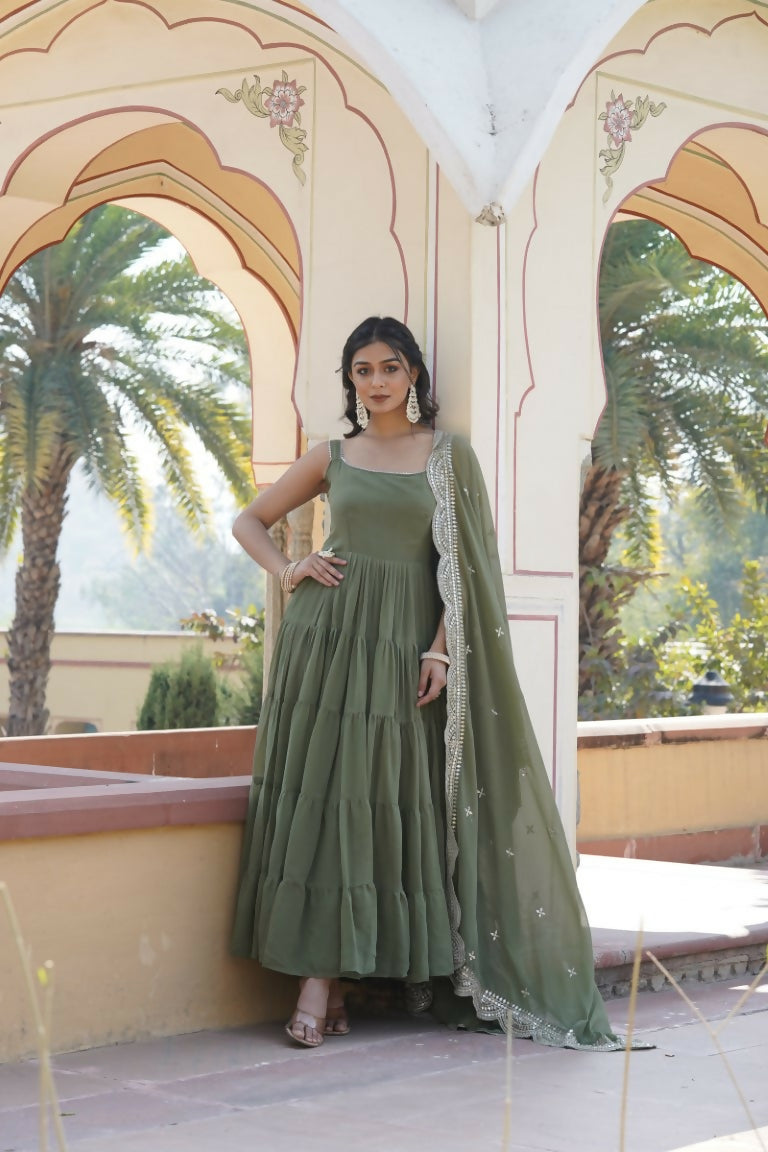 Aastha Fashion Women's Mehendi Faux Georgette 5 Layer Frill Work Anarkali Dress with Dupatta - Distacart