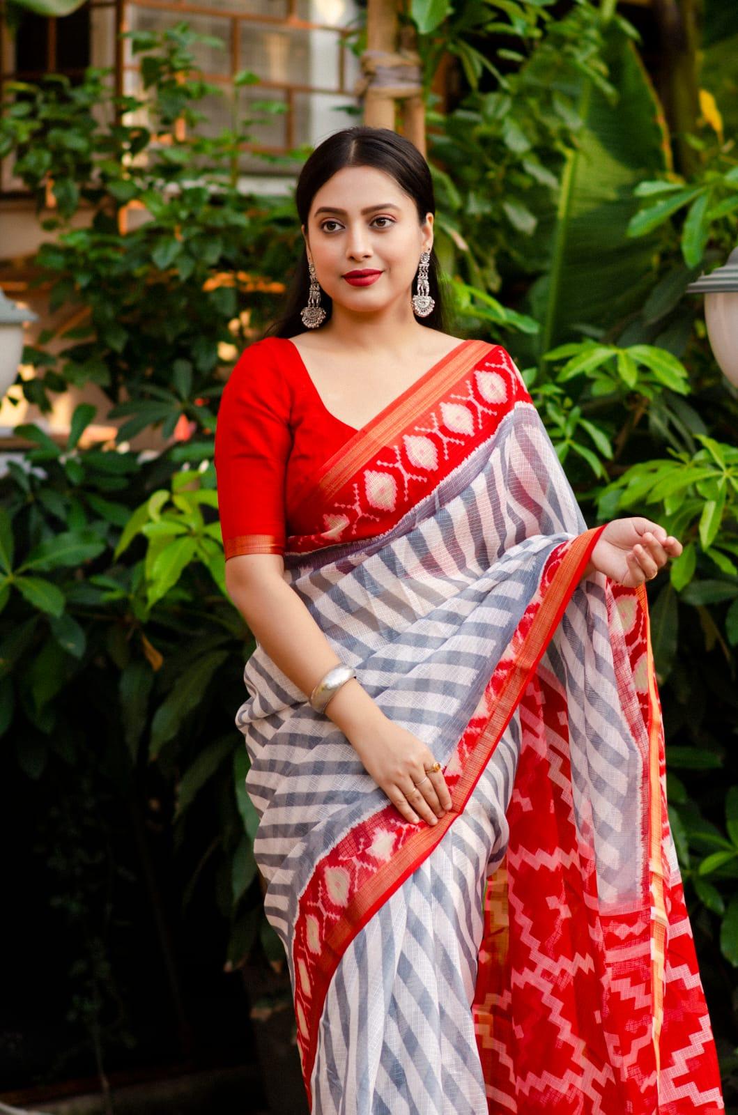 Grey Polycotton Ethnic Motifs Saree with Unstitched Blouse - Hiral Fashion - Distacart