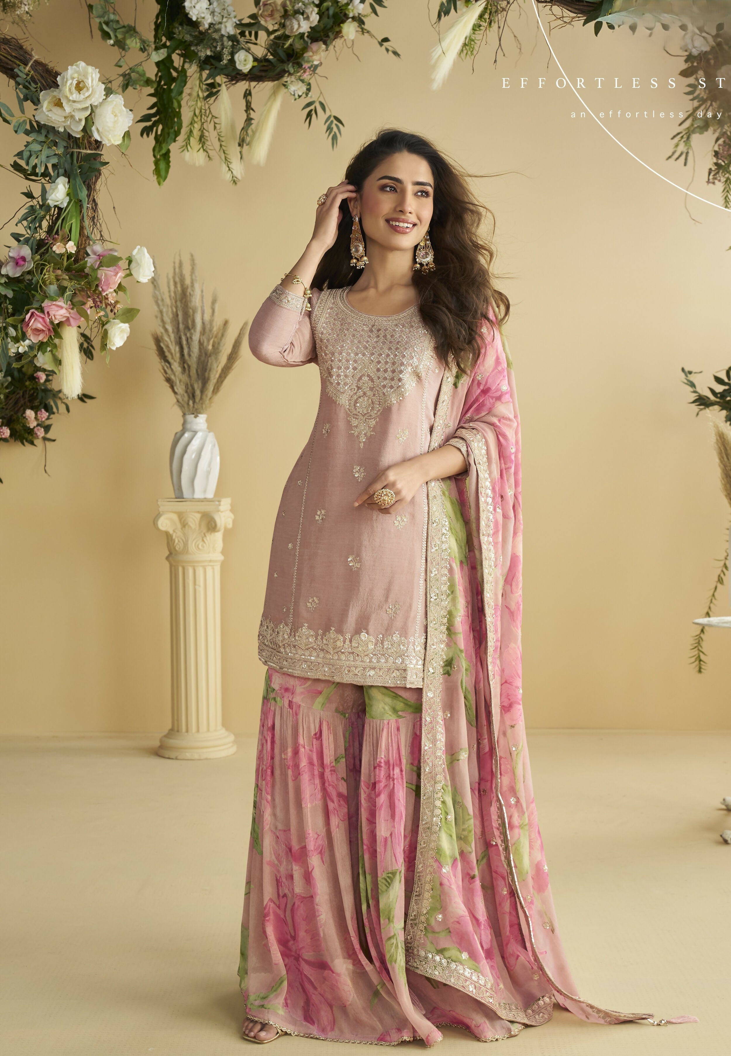 Anaita Pink Chinon Readymade Sharara Suit with Embroidery Sequence Work