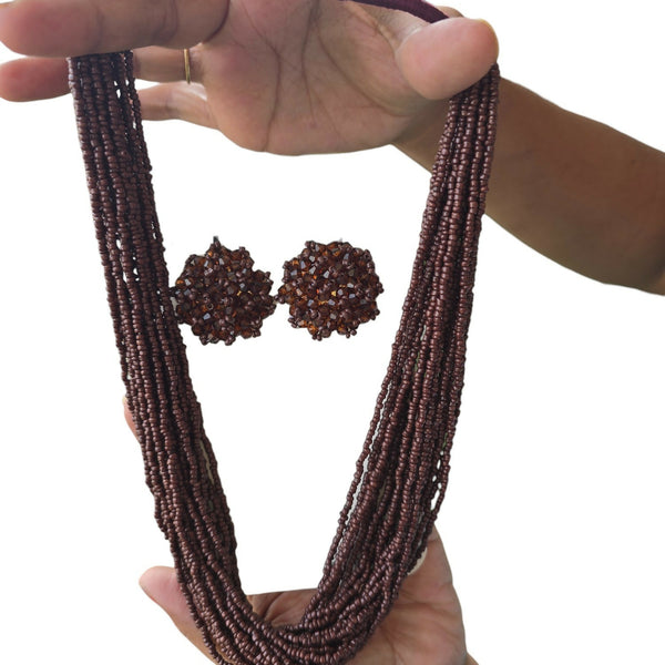 Inhanns Vibrant Handmade 20 Layers Beaded Necklace With Matching Earrings - Coffee Brown - Distacart