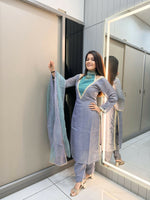 Thumbnail for Anaita Blue Roman Shimmer Readymade Kurti Set with Designer Handwork - Distacart
