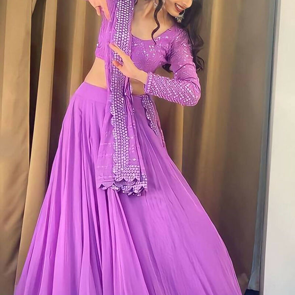 Jyoti Fashion Beautiful Lavender Sequence with Thread Embroidery work Faux Georgette Lehenga Choli with Dupatta - Distacart