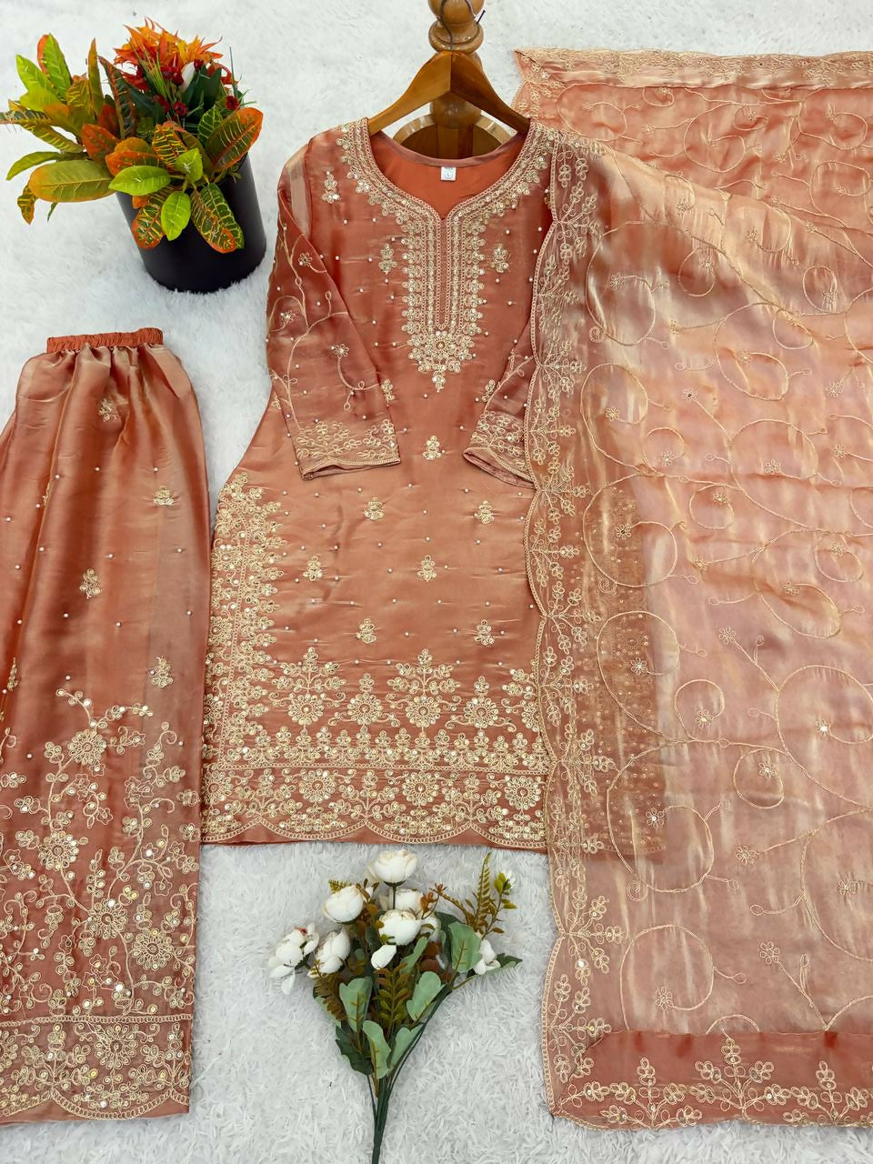 Teeya Creation Peach Color Gymmi Silk Embroidery Work Wedding Wear Sharara Set - Distacart
