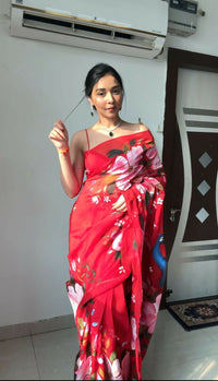 Thumbnail for Malishka Organza Silk Printed Ready To Wear Saree With Blouse Piece - Red - Distacart