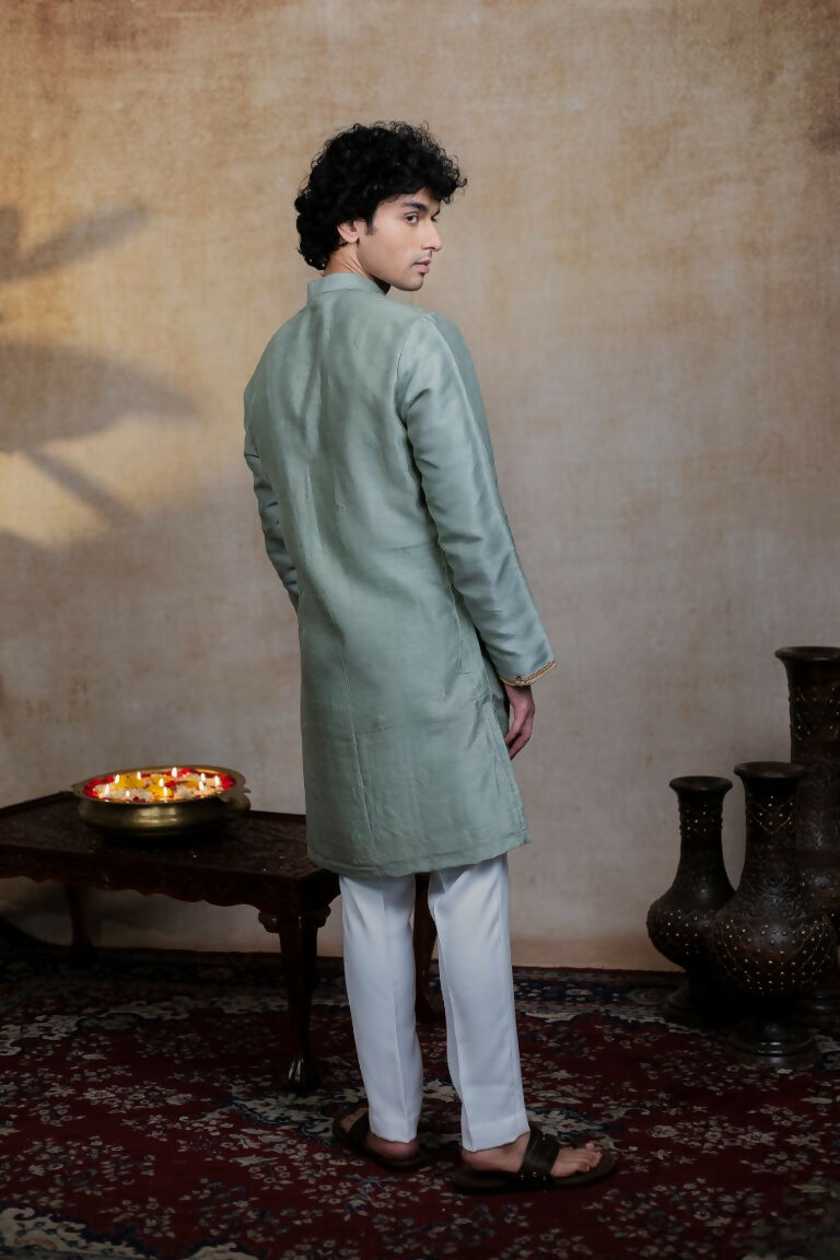 Falling Raw Silk Olive Green Kalika Kurta Set By Hilo Design - Distacart