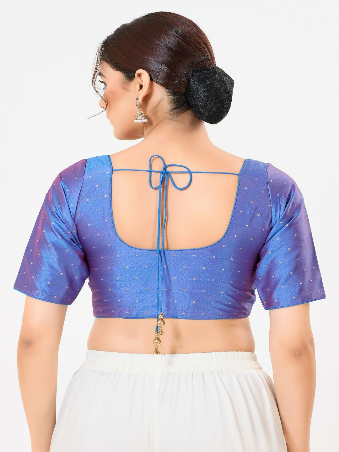 Joban Fashion 2t Blue Taffeta Silk Elbow Sleeveless Front Open Blouse