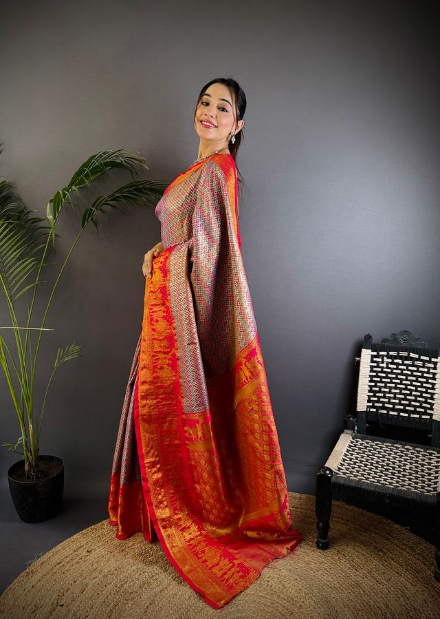 Elora Multicolor Silk Leheriya Meenakari Zari Weaves Dharmavaram Saree - Dista