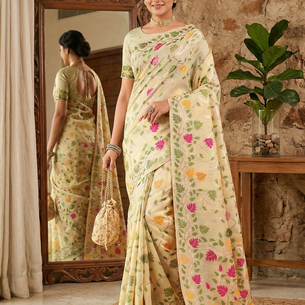 Shree Shyam Fashion Cream Linen Cotton Saree - Distacart