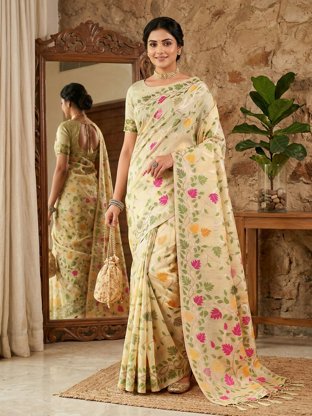 Shree Shyam Fashion Cream Linen Cotton Saree - Distacart