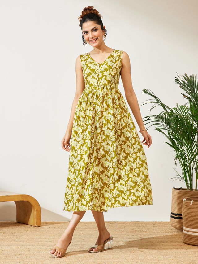 Janasya Olive A-Line Cotton Dress - Dista