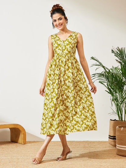 Janasya Olive A-Line Cotton Dress - Dista