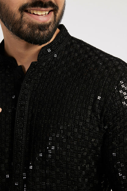 Ethnic India Black Men's Kurta Embellished Viscose Rayon - Distacart