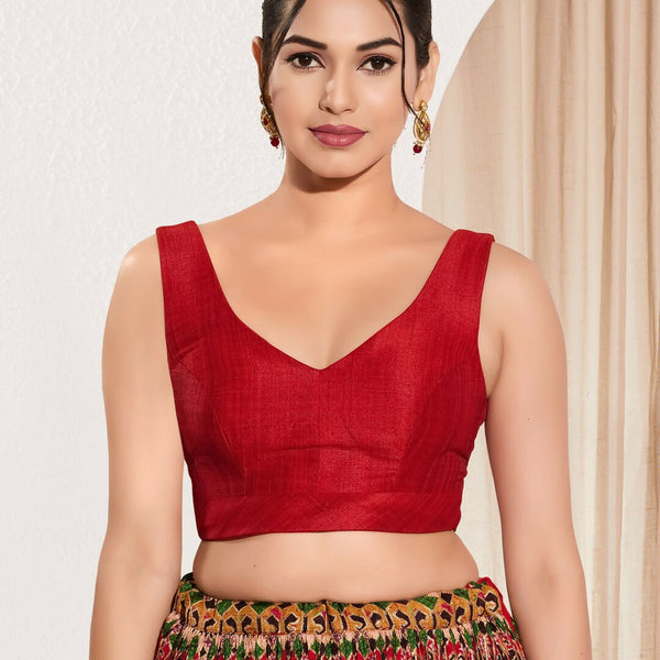Joban Fashion Red Mulberry Silk Padded Blouse With Round Neck Sleeveless - Distacart