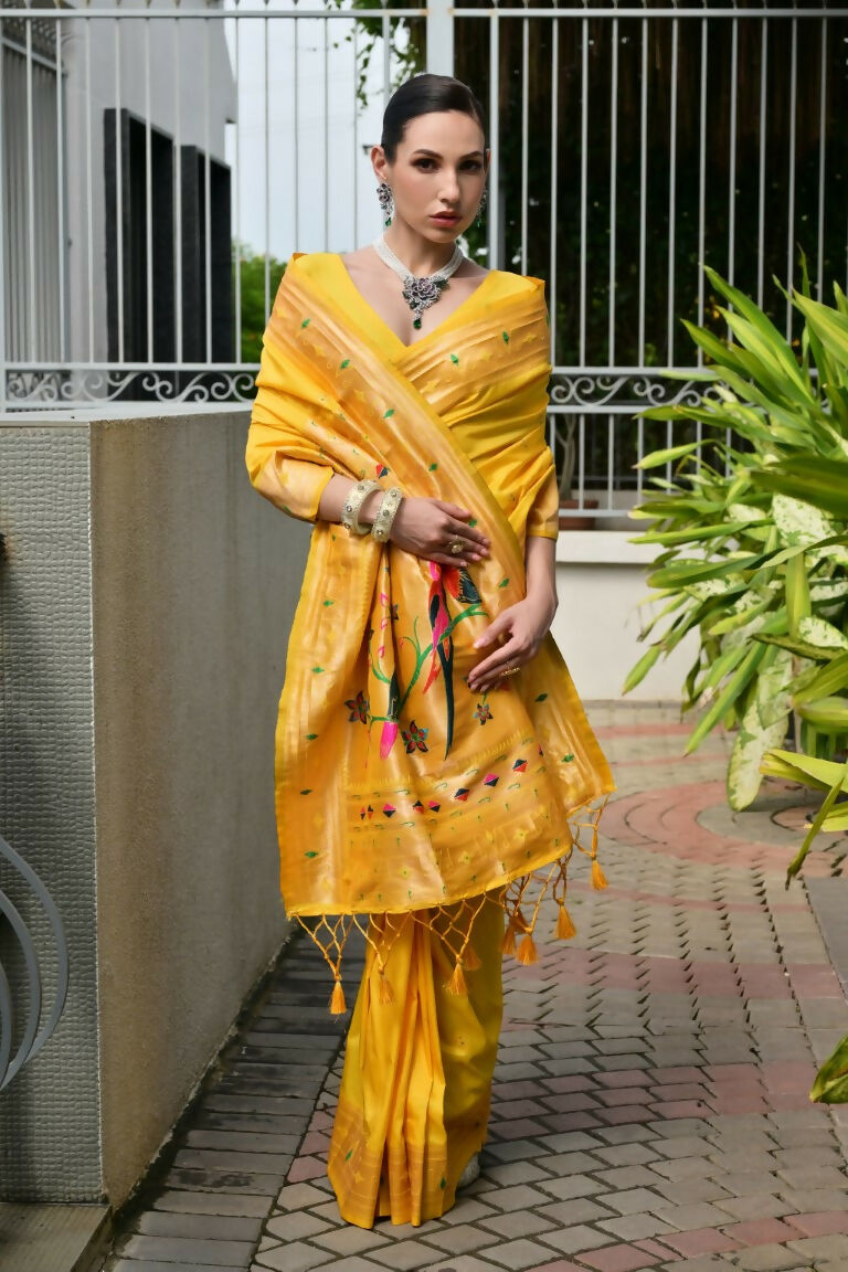 Vishnu Weaves Women's Yellow Paithani Silk Zari Woven Saree with Blouse