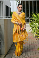 Thumbnail for Vishnu Weaves Women's Yellow Paithani Silk Zari Woven Saree with Blouse