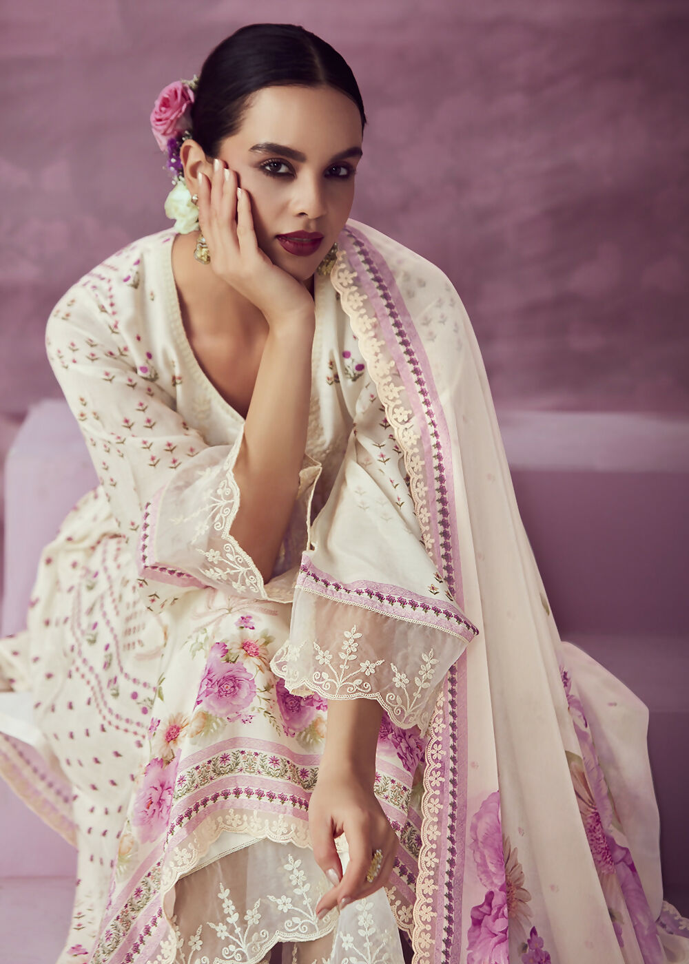 Ivory & Pink Muslin Cotton Printed Trendy Salwar Kurta Set - Emponline - Distacart