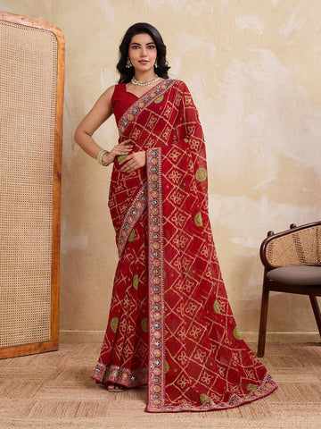 Teeya Creation Womens Stylish Simply Wedding Wear Georgette Saree-Orange - Dista