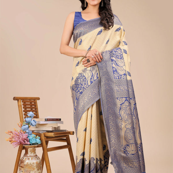 Astita Banarasi Silk Cream & Navy Blue Saree
