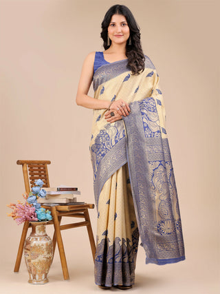 Astita Banarasi Silk Cream & Navy Blue Saree