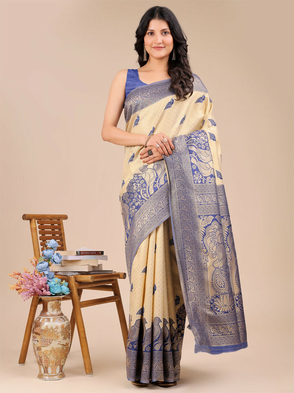 Astita Banarasi Silk Cream & Navy Blue Saree