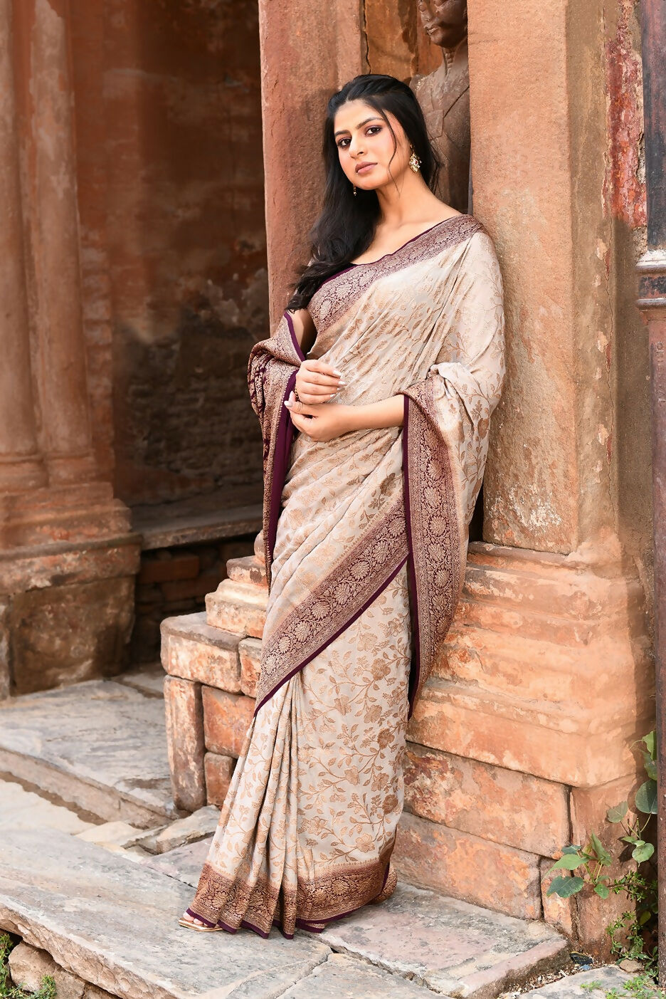 Joban Fashion Nude Grey Crepe Chiffon Pure Handloom Banarasi Silk Saree