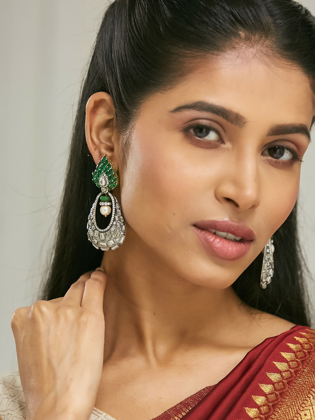 Nuyug 22K Gold-Plated Zircon Studded & Pearl Teardrop Shaped Dangler Earrings