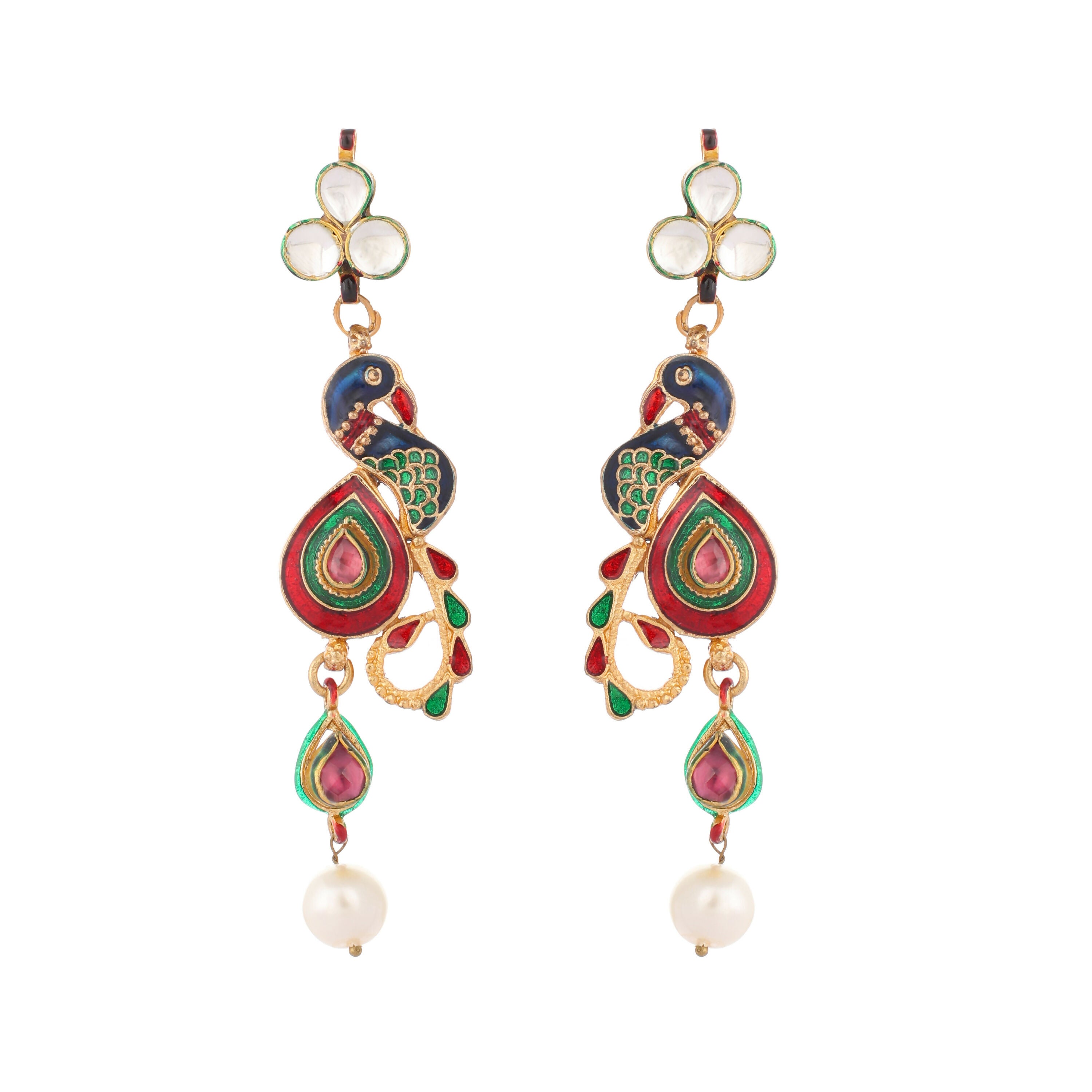 Nuyug 22K Gold Plated Pearl Drop Kundan Studded Ethnic Peacock Shaped Drop Earrings