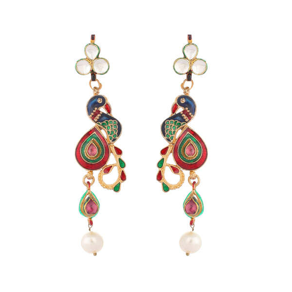 Nuyug 22K Gold Plated Pearl Drop Kundan Studded Ethnic Peacock Shaped Drop Earrings