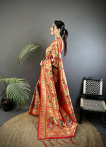 Thumbnail for Joban Fashion Light Orange Floral  & Peacock Motifs Soft Silk Paithani Saree - Distacart