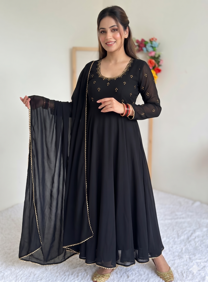 Teeya Creation New Party Wear Look Gerorrget Gown With Pant Dupatta Set - Black - Dista