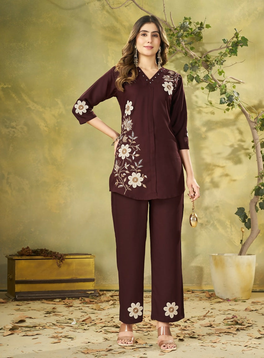 Teeya Creation Women Coffee Brown Embroidered Tunic & Pant Co-Ord Set - Dista