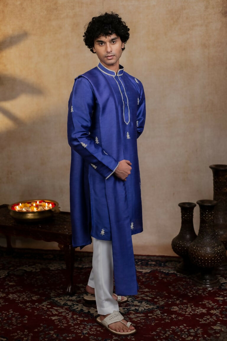 Falling Raw Silk Dark Blue Silver Stitches Kurta Set By Hilo Design - Distacart