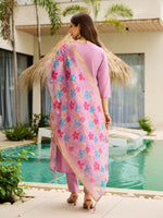 Thumbnail for The52 Lavender Women's Gorgeous Embroidered work Viscose Gadhwal Fabric Straight Kurta, Pant and Dupatta Set - Distacart