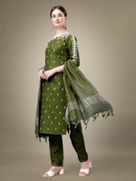 Thumbnail for Aastha Fashion Women's Mehendi Cotton Blend Embroidery & Sequence Work Kurta with Trouser & Dupatta - Distacart