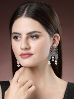 Thumbnail for NVR Women's Floral Silver-Plated Artificial Stones and Beads Drop Earrings - Distacart
