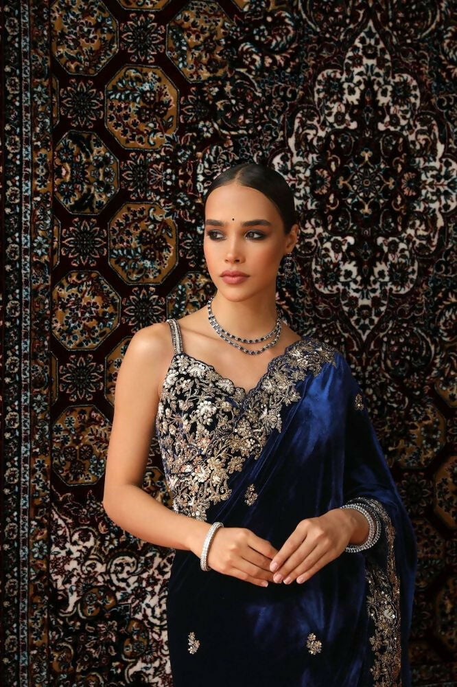 Joban Fashion Royal Blue 9000 Velvet Party Wear Sarees - Distacart