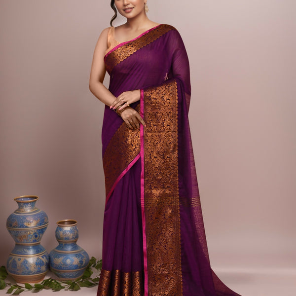 Joban Fashion Wine Cotton Blend Handloom Saree