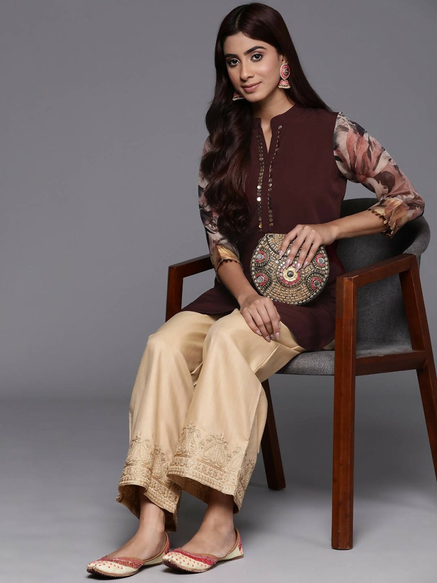 Ahalyaa Brown & Gold-Toned Mandarin Collar Printed Tunic - Brown Color - Distacart