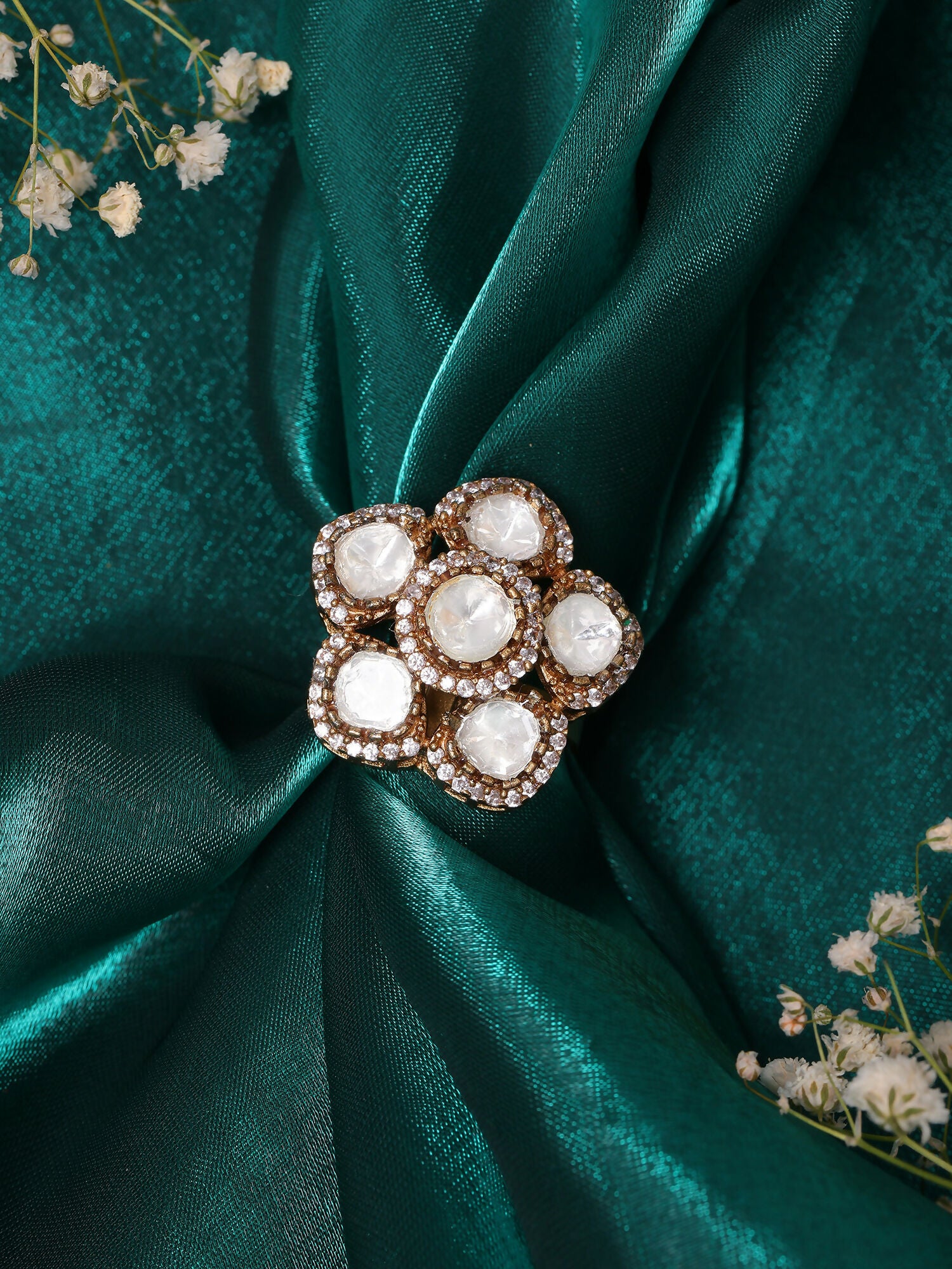 Ruby Raang White Gold Polished Kundan Ring