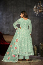 Thumbnail for Jyoti Fashion Women's Sea Green Net Embroidered Anarkali Kurta Pant Set With Dupatta - Distacart