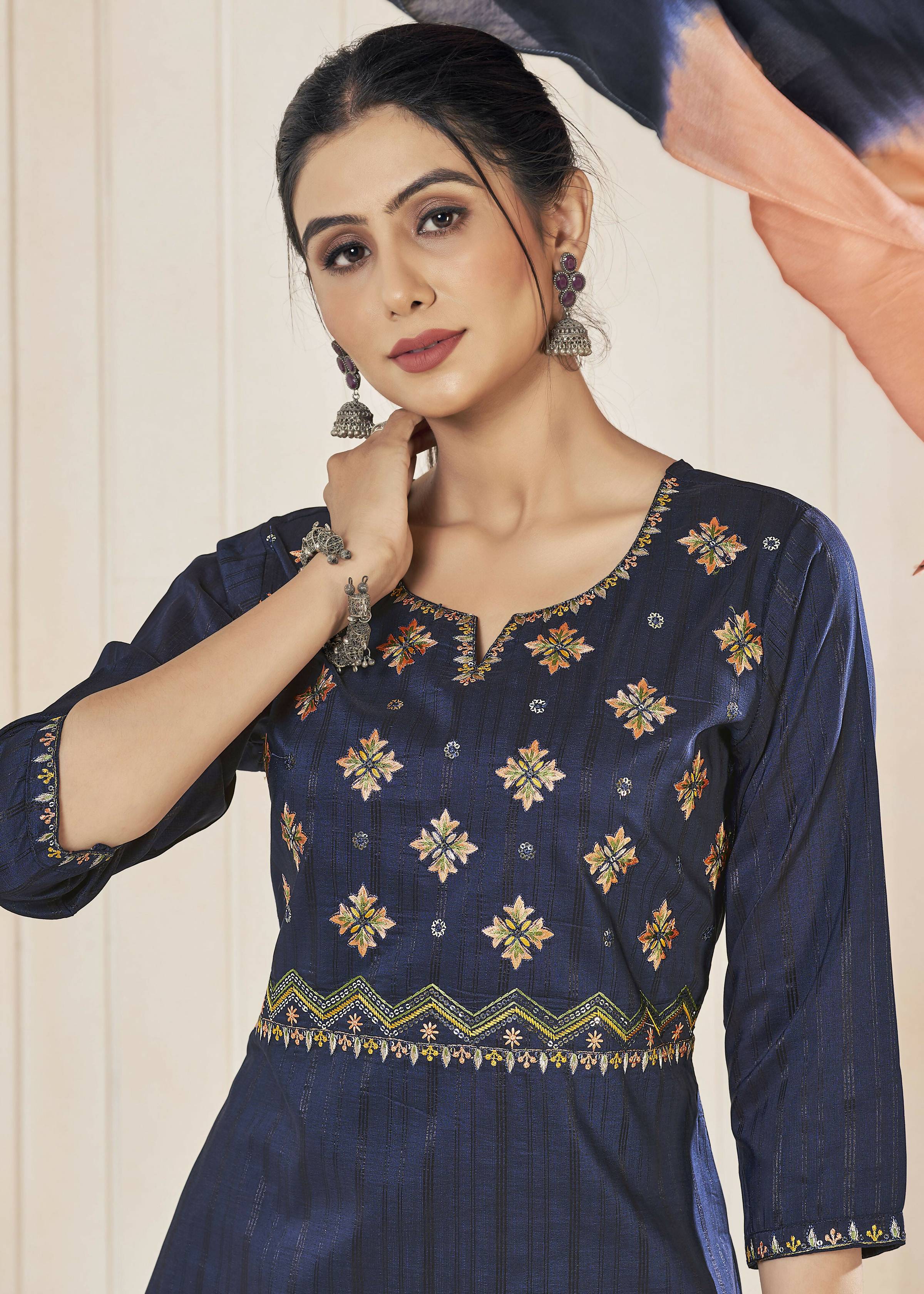 Jyoti Fashion Women's Navy Blue Pure Viscose Weaving Stripe with Embroidery Kurta Set - Distacart